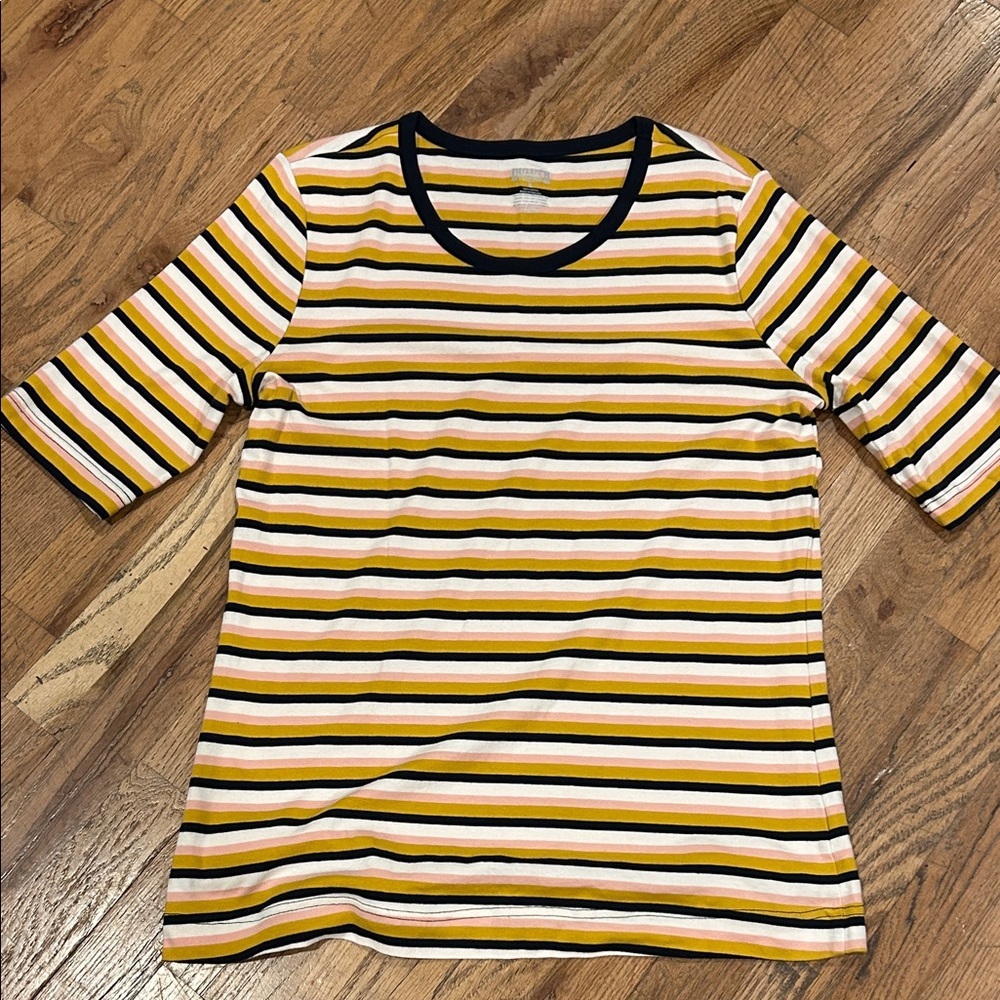 Duluth Trading Co Striped Tee in Pink, Mustard, and Navy